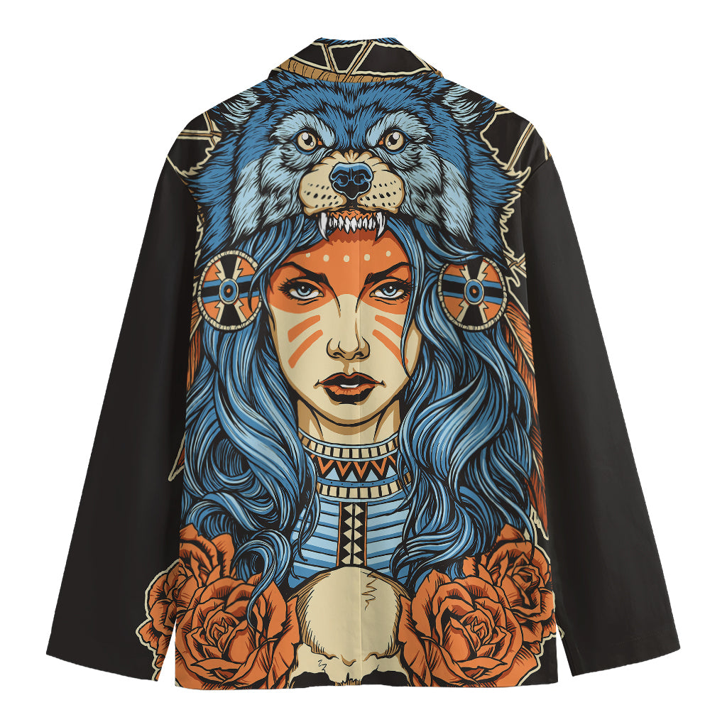 Native American Wolf Girl Print Men's Cotton Blazer