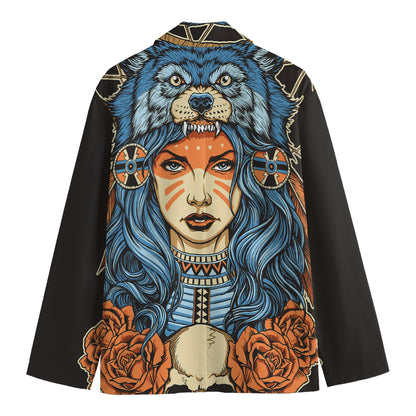 Native American Wolf Girl Print Men's Cotton Blazer