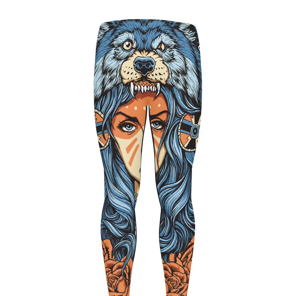 Native American Wolf Girl Print Men's leggings
