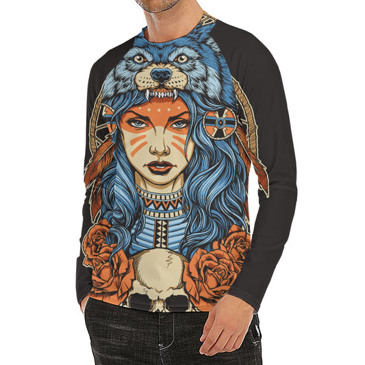 Native American Wolf Girl Print Men's Long Sleeve Rash Guard