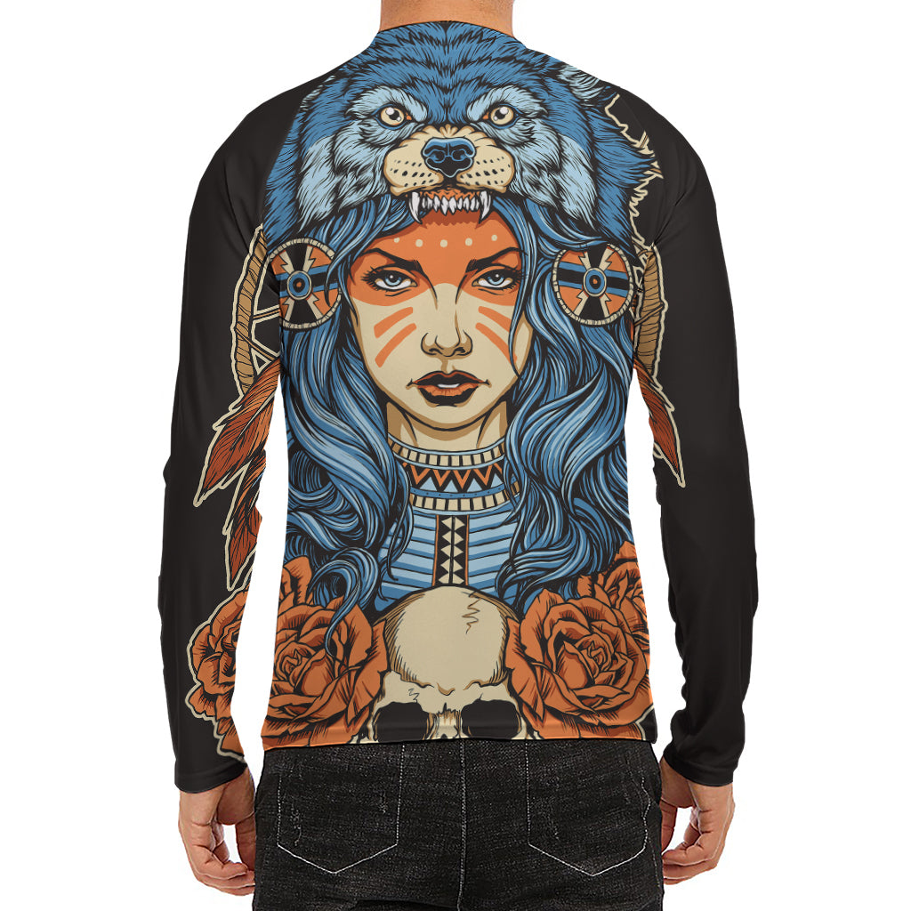 Native American Wolf Girl Print Men's Long Sleeve Rash Guard