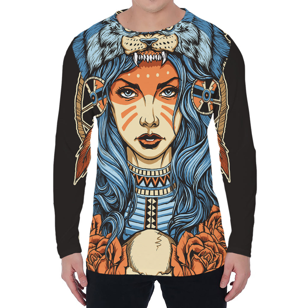 Native American Wolf Girl Print Men's Long Sleeve T-Shirt