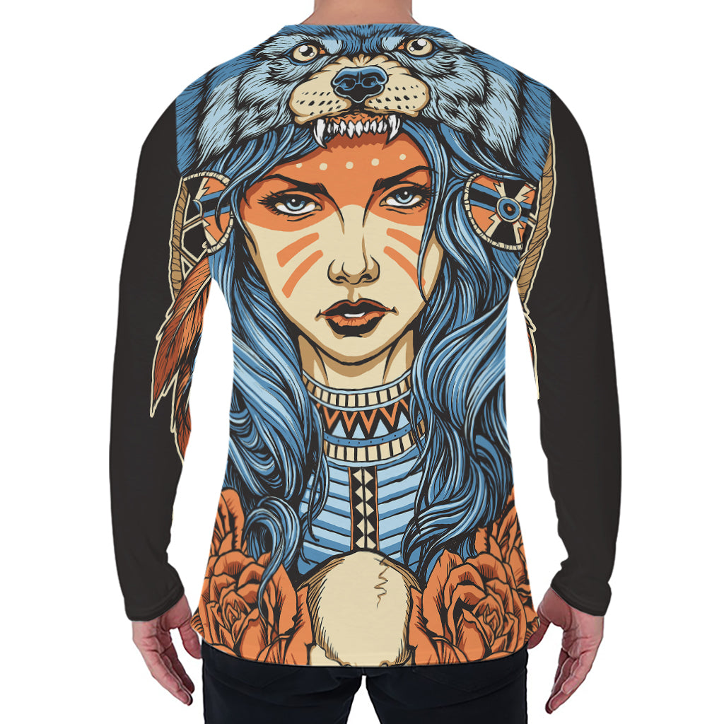 Native American Wolf Girl Print Men's Long Sleeve T-Shirt