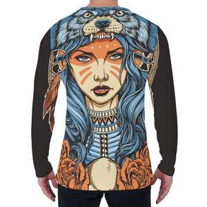 Native American Wolf Girl Print Men's Long Sleeve T-Shirt