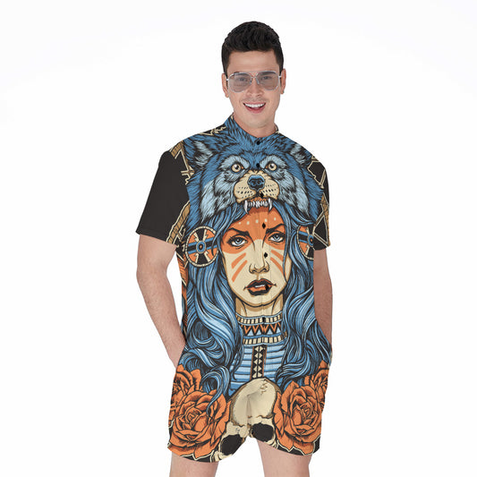 Native American Wolf Girl Print Men's Rompers