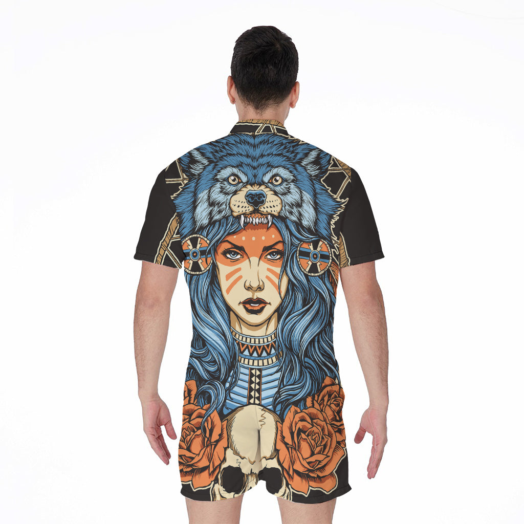 Native American Wolf Girl Print Men's Rompers