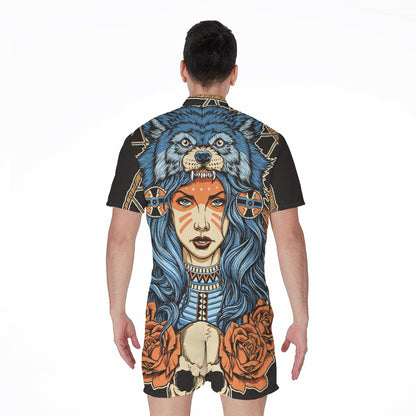 Native American Wolf Girl Print Men's Rompers