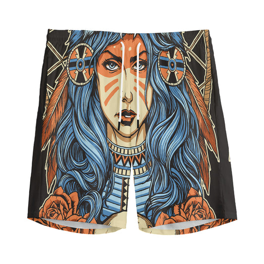 Native American Wolf Girl Print Men's Sports Shorts