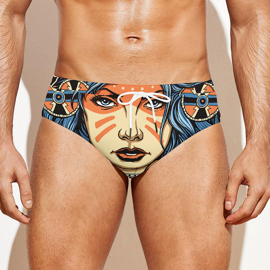 Native American Wolf Girl Print Men's Swim Briefs