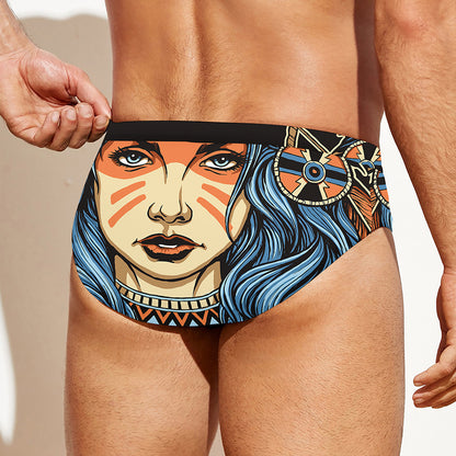 Native American Wolf Girl Print Men's Swim Briefs