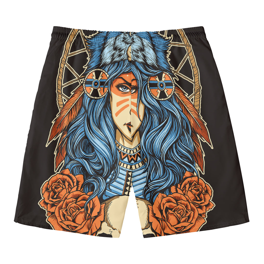 Native American Wolf Girl Print Men's Swim Trunks
