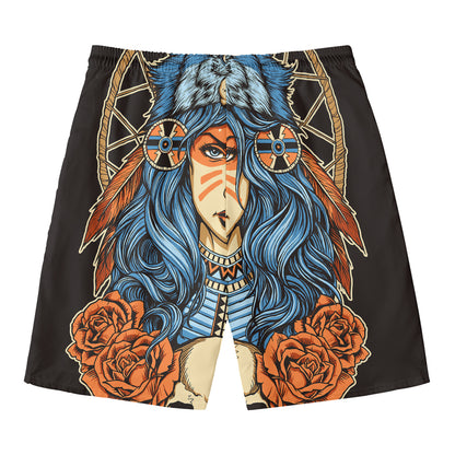 Native American Wolf Girl Print Men's Swim Trunks