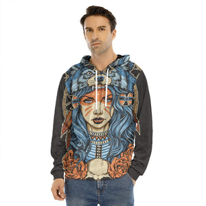 Native American Wolf Girl Print Men's Velvet Pullover Hoodie