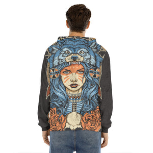 Native American Wolf Girl Print Men's Velvet Pullover Hoodie