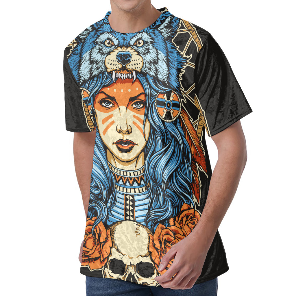 Native American Wolf Girl Print Men's Velvet T-Shirt