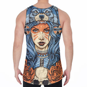 Native American Wolf Girl Print Men's Velvet Tank Top