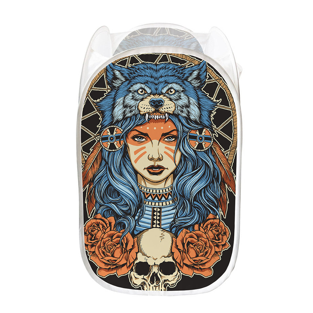 Native American Wolf Girl Print Mesh Laundry Hamper
