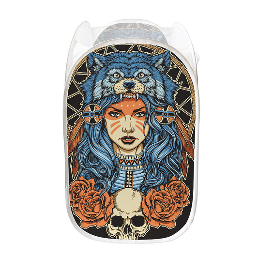 Native American Wolf Girl Print Mesh Laundry Hamper