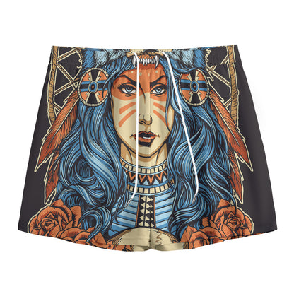 Native American Wolf Girl Print Mesh Shorts