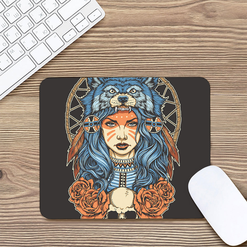 Native American Wolf Girl Print Mouse Pad