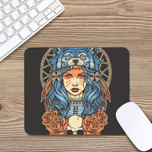 Native American Wolf Girl Print Mouse Pad