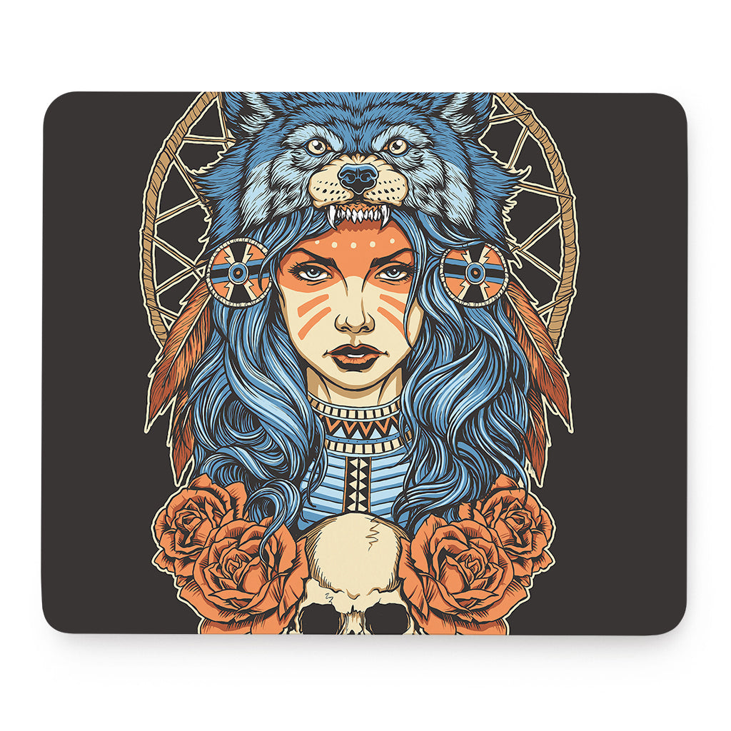 Native American Wolf Girl Print Mouse Pad