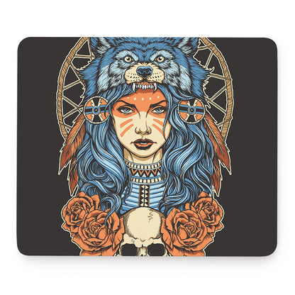 Native American Wolf Girl Print Mouse Pad