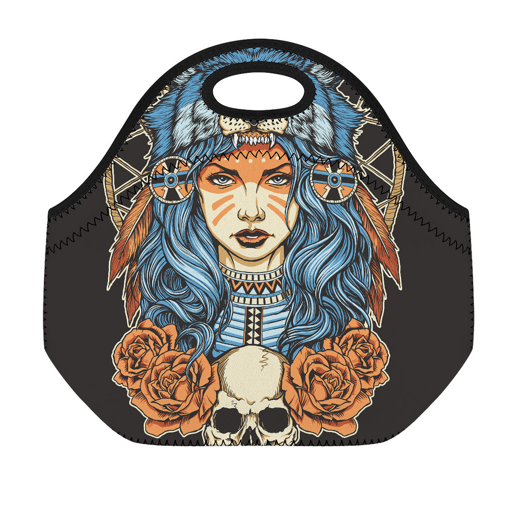 Native American Wolf Girl Print Neoprene Lunch Bag