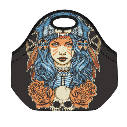 Native American Wolf Girl Print Neoprene Lunch Bag