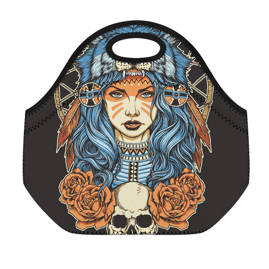 Native American Wolf Girl Print Neoprene Lunch Bag