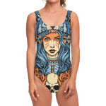 Native American Wolf Girl Print One Piece Swimsuit