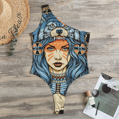 Native American Wolf Girl Print One Shoulder Bodysuit