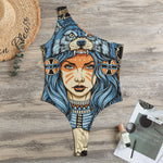 Native American Wolf Girl Print One Shoulder Bodysuit