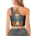 Native American Wolf Girl Print One Shoulder Crop Top