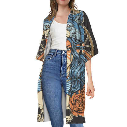 Native American Wolf Girl Print Open Front Beach Cover Up