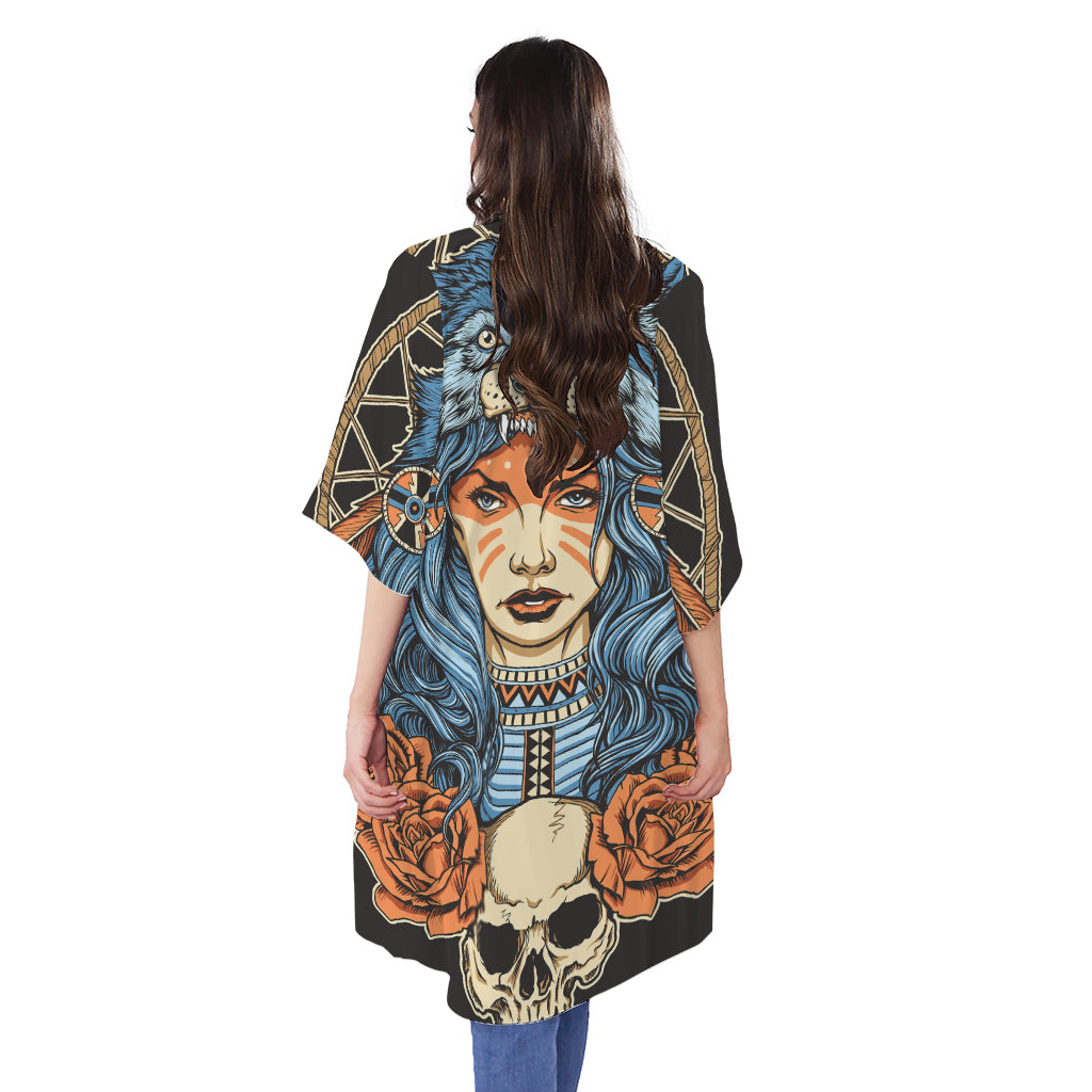 Native American Wolf Girl Print Open Front Beach Cover Up