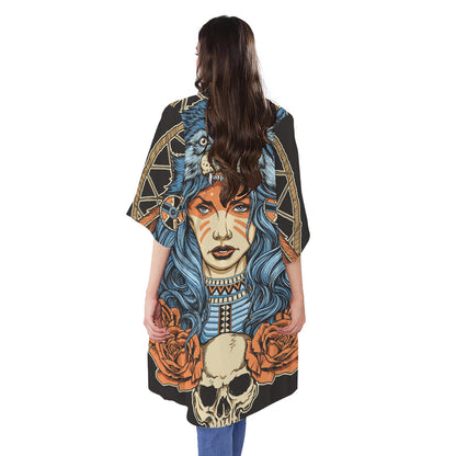Native American Wolf Girl Print Open Front Beach Cover Up