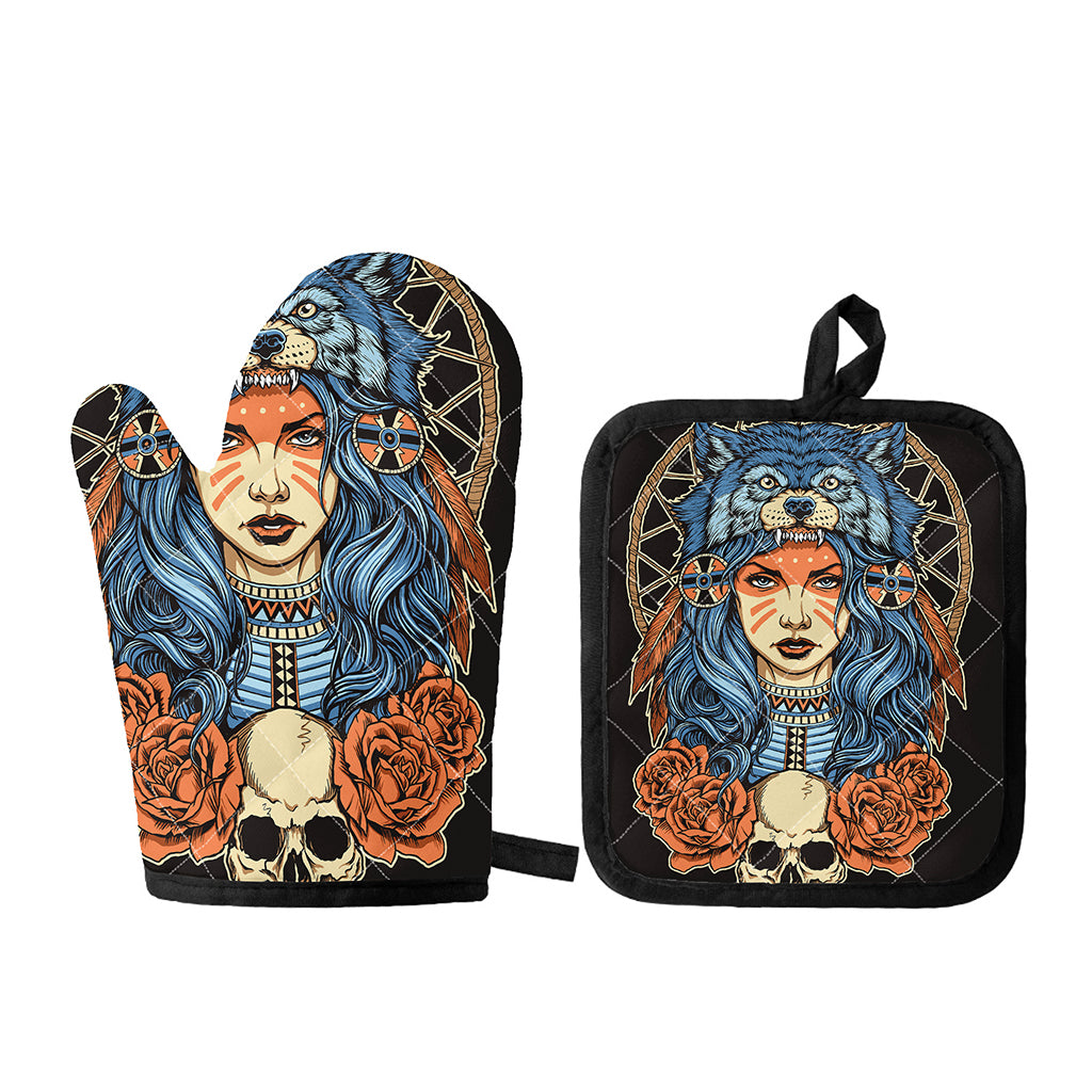 Native American Wolf Girl Print Oven Mitt And Pot Holder Set
