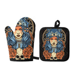Native American Wolf Girl Print Oven Mitt And Pot Holder Set