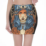 Native American Wolf Girl Print Pencil Mini Skirt