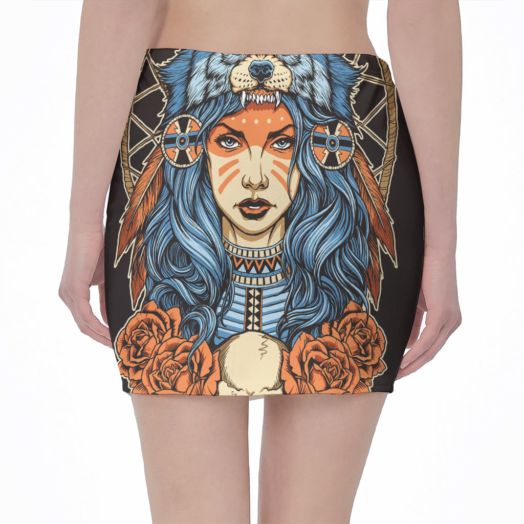 Native American Wolf Girl Print Pencil Mini Skirt