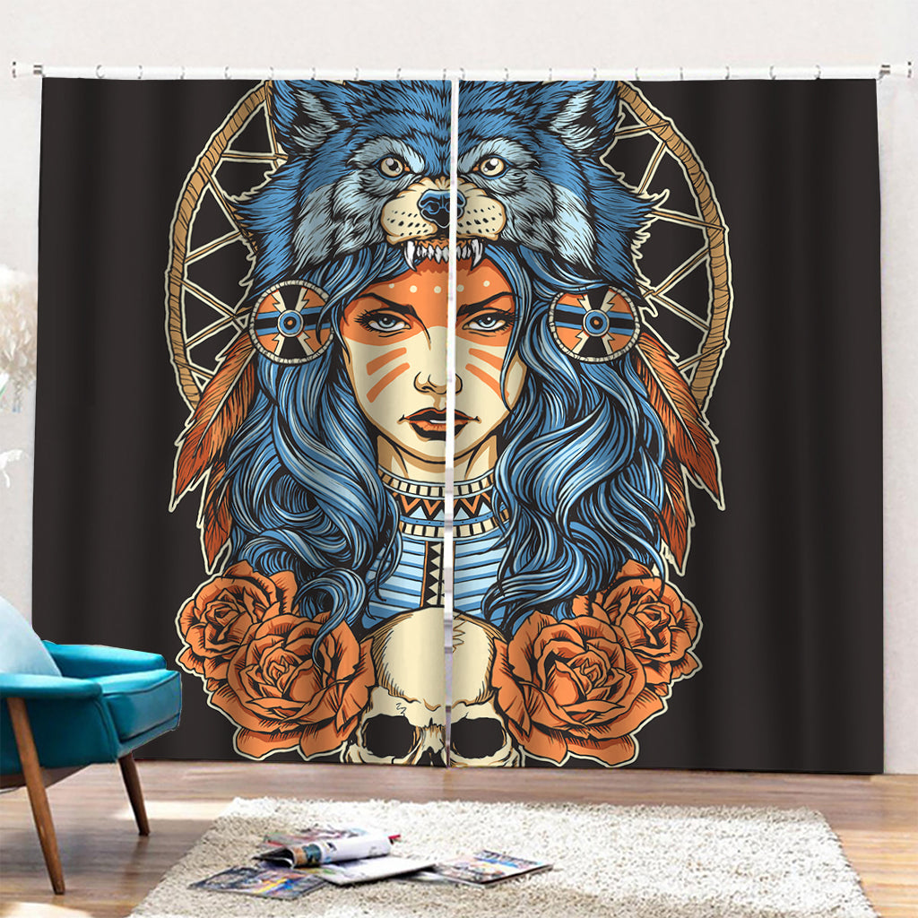 Native American Wolf Girl Print Pencil Pleat Curtains