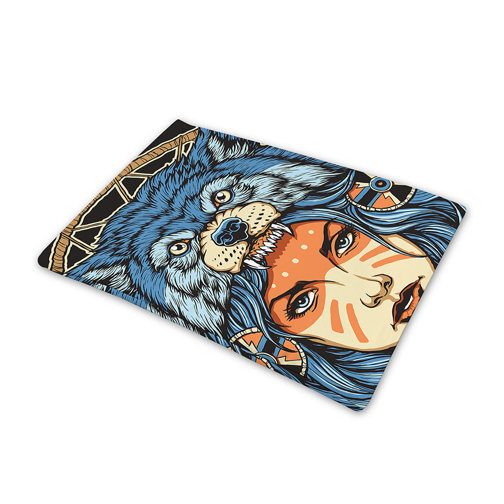 Native American Wolf Girl Print Pet Cooling Mat Cover