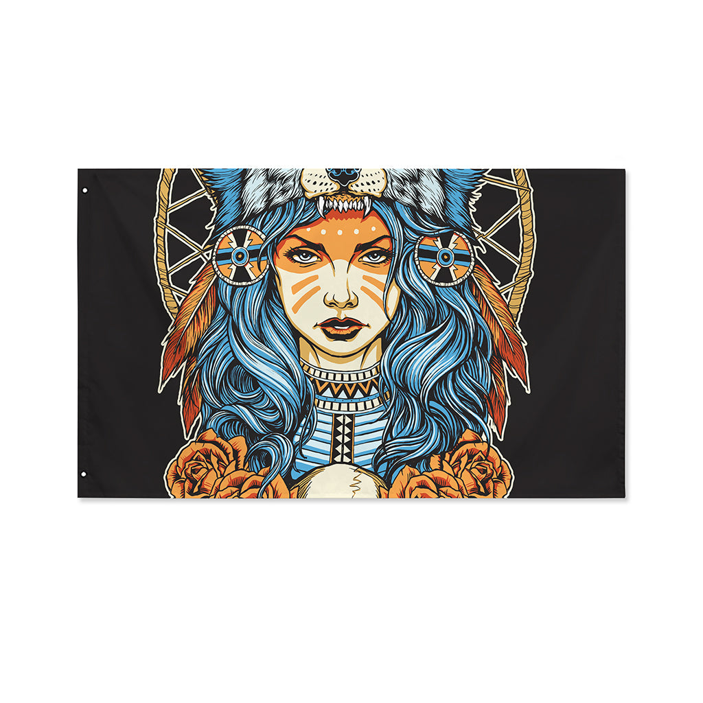 Native American Wolf Girl Print Polyester Flag