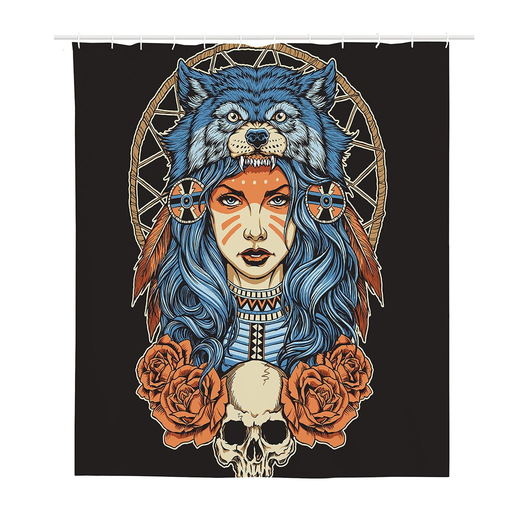 Native American Wolf Girl Print Polyester Shower Curtain