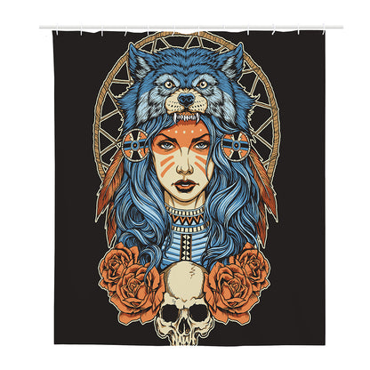 Native American Wolf Girl Print Polyester Shower Curtain