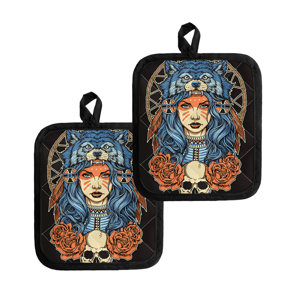 Native American Wolf Girl Print Pot Holders