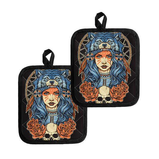 Native American Wolf Girl Print Pot Holders