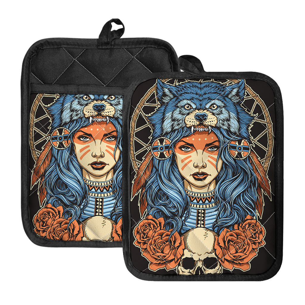 Native American Wolf Girl Print Pot Holders With Pocket