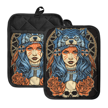 Native American Wolf Girl Print Pot Holders With Pocket